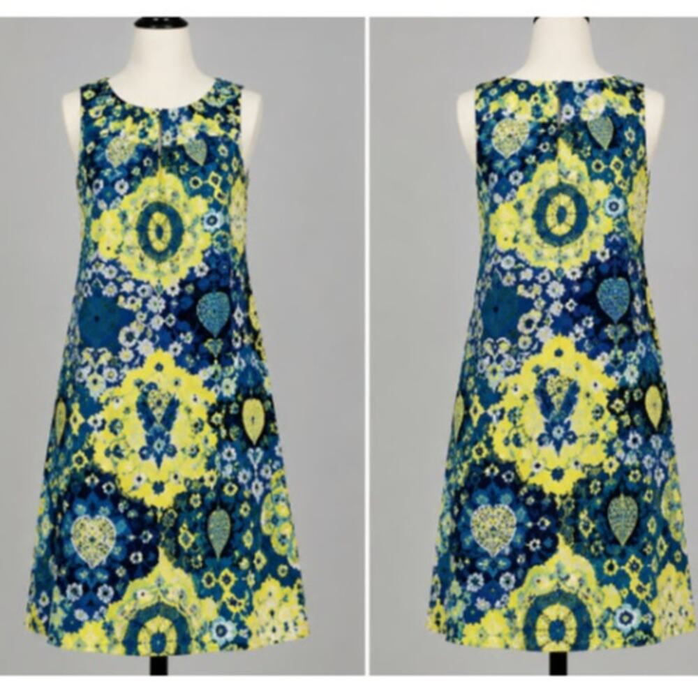 Talbots 6 Blue Yellow Floral Medallion Cotton A-Line Dress Sleeveless Lined